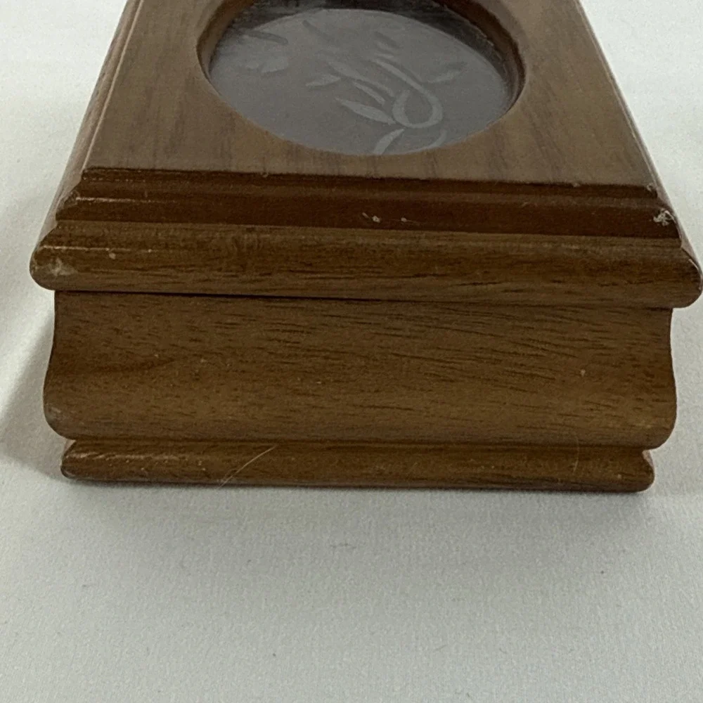 Vintage Small Wooden Jewelry Box Etched Flower Design Oval Glass Top Pink Velvet